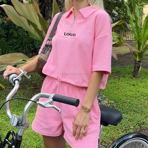 OEM/ODM ผู้ผลิตเสื้อผ้าผู้หญิง Biker สุภาพสตรีสั้น 2 ชิ้นชุดชุดซิปวาฟเฟิลเสื้อยืดและกางเกงขาสั้นชุด - Product Image 5