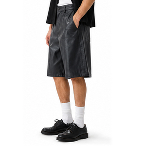 Shorts Bermuda Homme en Cuir PU Noir, Taille Mi-Haute, Style Décontracté, Poches, Tissu Toile Respirant, Couleur Unie - Product Image 4