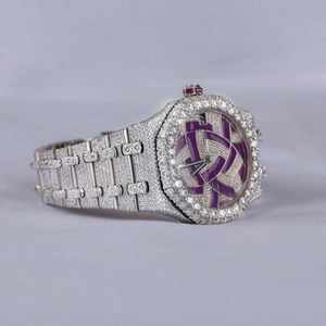 Reloj de Lujo para Negocios Shanghai, Totalmente Adornado con Moissanita, Cuarzo, Acero Inoxidable, Esfera Esqueleto Púrpura de 16mm, Cristal de Zafiro, Resistente al Agua - Product Image 5