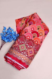 Bright Pink Geometric Mirror Work Placement Print Natural Crepe Fabric With Heavy Border For Designer Kurti And Ethnic Wear - Product Image 2