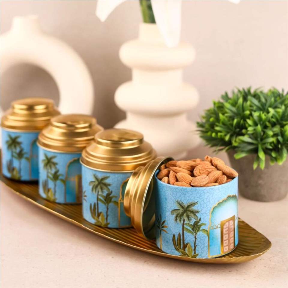 Decorative Metal Dry Fruit Jar Set With Tray, Floral Printed Kitchen ...