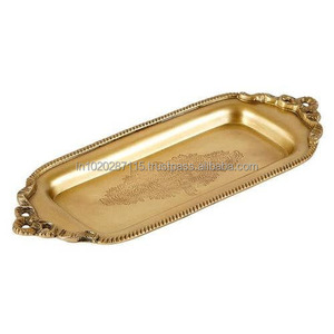 Plateau de service en laiton antique artisanal fini doré parfait pour les mariages, les fêtes de décoration et les fonctions culturelles - Product Image 6