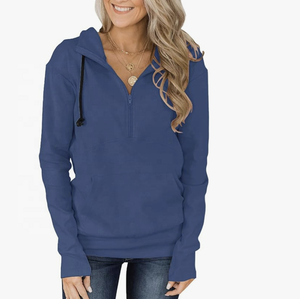 <b>Long</b> Sleeve Hooded Casual Solid Knitted Polyester/Cotton Pullover <b>Hoodies</b> <b>for</b> <b>Women</b> Winter & Autumn with Quarter Zip and Pocket - Product Image 5