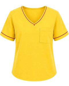 Custom Yellow Women V Neck T Shirt Contrast Piping Short Sleeve Pocket Tee Soft Breathable Casual Summer <b>Top</b> Comfortable Fit - Product Image 1