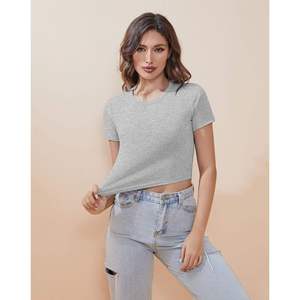 T-shirt court gris pour femme, manches courtes, coupe ajustée, tissu extensible, haut décontracté et tendance - Product Image 5