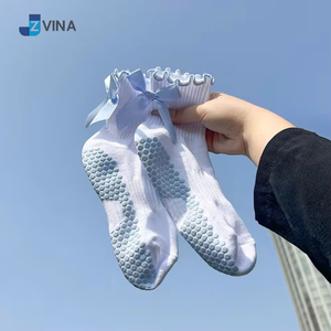 <b>Customized</b> Cute Pastel Colors Bow <b>Grip</b> Crew Cuff <b>Socks</b> Women Pilates Yoga Barre Custom Wholesale JZVINA Vietnam Factory - Product Image 3