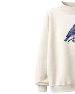 เสื้อสเวตเชิ้ตผ้าฟลีซสีขาวแบบโอเวอร์ไซส์สำหรับผู้หญิง คอตั้ง ลายพิมพ์นก สวมใส่สบาย อุ่น แฟชั่นฤดูหนาว สไตล์สตรีทแวร์ - Product Image 3