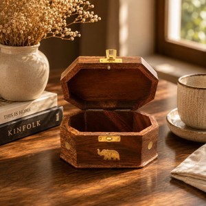 Wooden Jewelry Box Polygon Shape Carved Elephant Design Wabi Sabi Style <b>Storage</b> Box for Bedroom <b>Storage</b> Box Decorative Use - Product Image 1