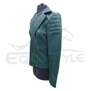 Veste moto élégante pour femme en toile et cuir d'agneau vert myrte, manches matelassées, fermeture éclair intégrale, imperméable, coupe-vent, automne-hiver - Product Image 3