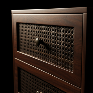 Table d'appoint moderne à 2 tiroirs, écologique, avec 5+ compartiments, porte à battants, en bois de caoutchouc, MDF, placage de chêne et détails en rotin pour salon - Product Image 4