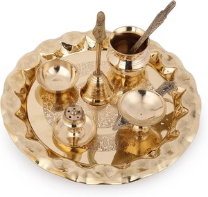 Religious Decor Brass Pooja Thali Set Traditional Design Puja Plate with Diya Bell Kalash <b>Mandir</b> Use - Product Image 6