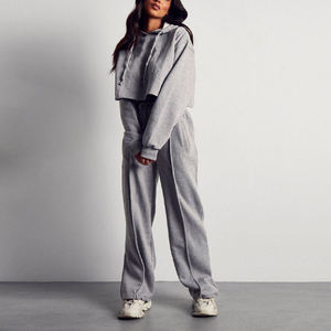 Sweat-shirt court gris à manches longues et capuche pour femme, coupe décontractée, col ras du cou, style survêtement - Product Image 2