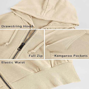 Women's Beige <b>Cropped</b> Hoodie <b>Zip</b>-<b>Up</b> Sweatshirt Full Sleeve Solid Color Knitted Breathable Spring Wear - Product Image 5
