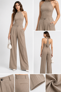 Ensemble coordonné décontracté en coton pour femme - Haut dos nu et pantalon large uni à manches longues avec fermeture éclair et poches - Toutes saisons - Vente en gros - Product Image 5
