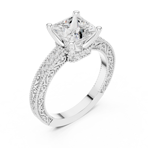 Bague de fiançailles vintage en or massif avec diamant taille coussin gravé motif floral - Product Image 5