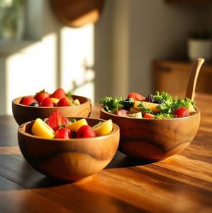 ชามไม้จากโรงงานโดยตรง ชามอะคาเซียสำหรับเสิร์ฟสลัด ผลไม้ สำหรับโต๊ะอาหารในครัว เป็นมิตรกับสิ่งแวดล้อม ปลอดภัยสำหรับอาหาร สั่งซื้อจำนวนมากได้ เหมาะสำหรับบ้านและโรงแรม - Product Image 4