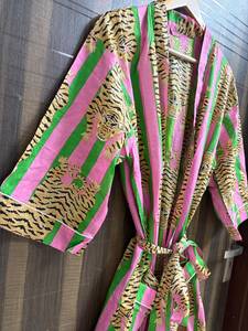 Bata Kimono de Algodón Transpirable con Estampado Floral y Cuello en V con Cordón, Bata de Baño a Rayas para Mujer, Ropa de Estar por Casa Estilo Boho, Cubrebaño de Playa - Product Image 4