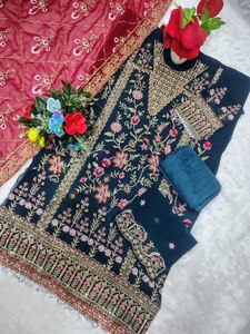 Ensemble de vêtements ethniques indiens pour femmes, 3 pièces, non cousu, en soie, Kurti, Kurta, Kameez, Salwar, tissu lourd, style pakistanais, fantaisie indienne - Product Image 2