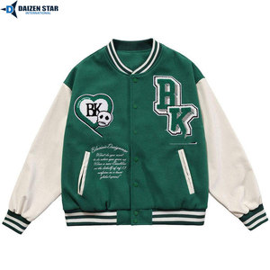 DAIZEN <b>STAR</b> Men's Varsity <b>Jacket</b> Green Cream Sleeve Patch Design Preppy Style Autumn Wear Polyester Cotton Material - Product Image 6