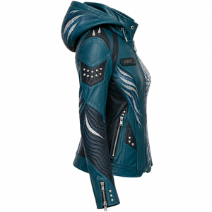 Chaqueta de cuero genuino para mujer, color verde azulado y negro, con capucha, estilo motero, estampado personalizado Celestial Valkyrie, mangas con textura ondulada y detalles de púas. - Product Image 3