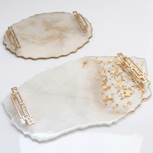 Irregular White <b>Epoxy</b> Resin Serving Tray With Gold Handles Handcrafted Gold Foil Geode Agate Platter For <b>Coffee</b> <b>Table</b> Wedding - Product Image 3