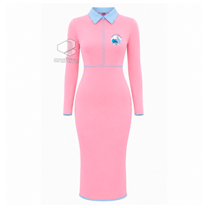 Robe moulante mi-longue rose pour femme Jack And Jill Of America avec col polo contrastant bleu et fermeture éclair quart de tour à manches longues - Product Image 1