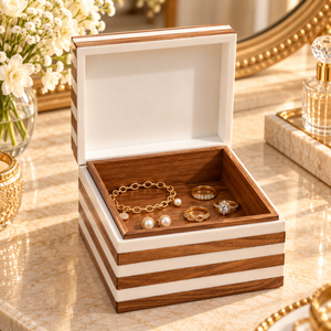 Striped Wooden <b>Jewellery</b> Box Square Brown White Resin Inlay Jewelry Storage Organizer Decorative Trinket <b>Case</b> | Luxury Keepsake - Product Image 2