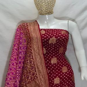 Pure Banarasi Chiffon Georgette Bandhani Suit Set Traditional <b>Gota</b> Patti Zari Weave Premium Unstitched Party Silk Salwar Sun - Product Image 1