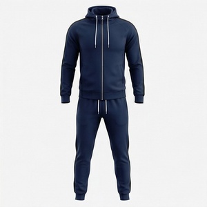 Ensemble de survêtement bleu marine à capuche pour homme, sweat-shirt et pantalon à fermeture éclair intégrale, vêtements de sport décontractés, couleur unie, respirant, polyester et coton - Product Image 1