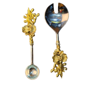 Ensemble de serveur à gâteau et de fourchettes à dessert en or luxueux avec fleurs d'orchidée, ensemble de coupe de gâteau de mariage orné de fleurs pour les fêtes et les événements - Product Image 1