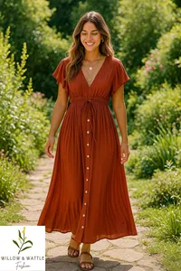 Women’s Boho <b>Plain</b> Maxi Dress Cotton Linen Fabric V-Neck Button Front Loose Fit Adjustable Waist Comfortable Long Dress - Product Image 4