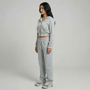 Ensemble de survêtement décontracté pour femme, sweat à capuche zippé gris clair et pantalon de jogging en molleton de coton, deux pièces, style streetwear - Product Image 3
