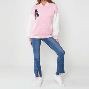 Pink White Varsity Jacket Letter A Embroidered Preppy Style Baseball Coat Regular Fit Turn-down Collar Casual College Jacket - Product Image 2
