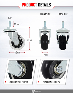 Ruedas giratorias de PU de 1.5 pulgadas con vástago roscado de 1/4" x 15 mm y rodamientos para carros de muebles y equipos ligeros - Product Image 2