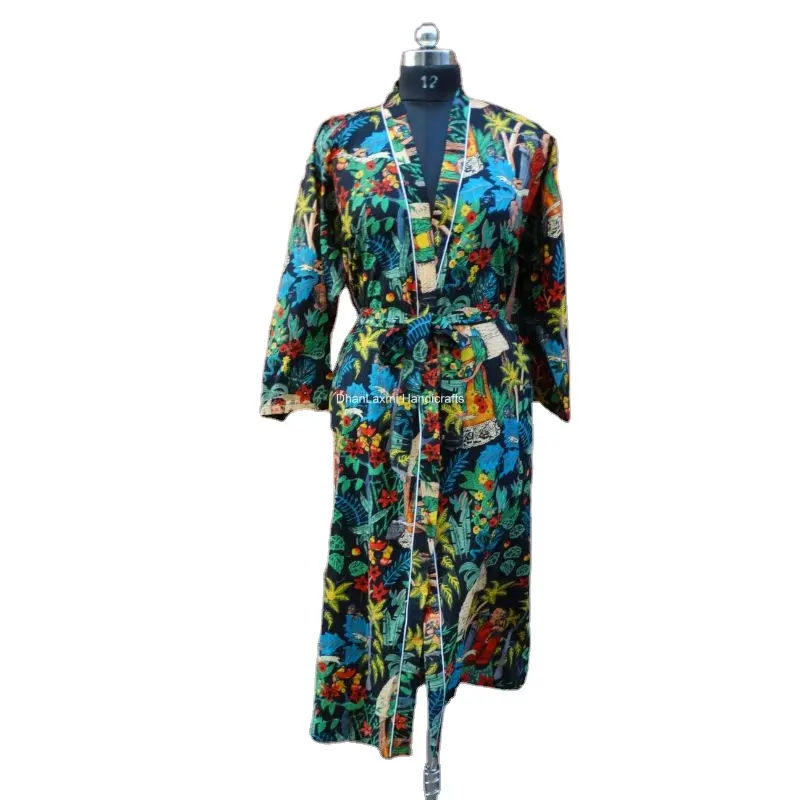 Black Women's Nighty Frida Kahlo Print Wholesale Beachwear Hippie & Bohemian Maxi Indian Long Robe Gown Kimono