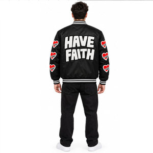 Veste universitaire Have Faith pour homme, noire et blanche, avec patch cœur brodé, style streetwear, coupe classique, col rabattu, pour l'automne - Product Image 5