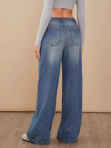 Pantalones Vaqueros de Cintura Alta y Pierna Ancha, Lavado a la Piedra, Algodón, Corte Holgado, Color Sólido, Estilo Otoñal - Product Image 2