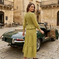 Robe longue premium à corsage smocké 100 % coton, imprimée à la main avec travail de bobine, taille naturelle, style vintage, pour l'été et l'automne