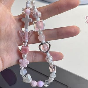 สายคล้องโทรศัพท์แบบมีลูกปัดรูปหัวใจโลหะลายดอกซากุระสีชมพูอ่อน ความยาวปกติ สไตล์ลำลอง - Product Image 3