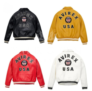 Blouson bomber Avirex rouge en cuir véritable imperméable à col montant avec logo sur le devant pour l'hiver - Product Image 6