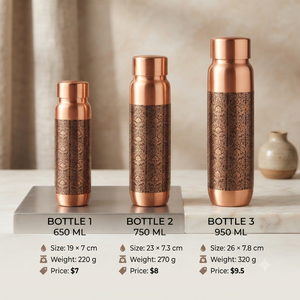 Botella de Agua de Cobre Premium con Patrón Ornamental Antiguo, Tapa de Rosca Hermética, Frasco Ayurvédico Reutilizable para Viajes y Hogar - Product Image 5