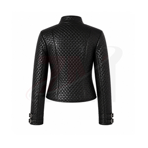 Custom Woven PU Leather Moto <b>Jacket</b> Women's <b>Short</b> Stand Collar Full <b>Sleeve</b> Zipper Front Embossed Pattern Black - Product Image 2