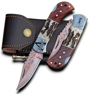 Couteau utilitaire pliant de poche EDC en acier Damas cuivré avec manche en corne de cerf pour le camping, la chasse, la pêche, la survie, OEM, faibles MOQ - Product Image 1