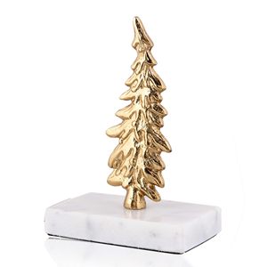 Gold Metal Christmas <b>Tree</b> Figurine on White <b>Marble</b> Base Elegant Modern Holiday Tabletop Sculpture Festive Home Decor - Product Image 3