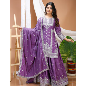 Ladies Fine Crepe Dual <b>Sequin</b> Work <b>Top</b> Plazo Matching Dupatta Set Stitched Indian Ethnic Wear Three Piece <b>Party</b> Suit - Product Image 1