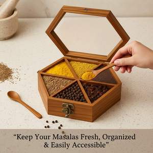 Boîte à épices carrée en bois unique avec 7 compartiments, cuillère, récipient, compatible lave-vaisselle, boîte à masala de cuisine, boîte décorative polyvalente - Product Image 4