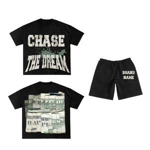 Ensemble chemise et short en coton de luxe pour homme, noir, imprimé graphique surdimensionné, logo personnalisé, ensemble de jogging 2 pièces pour homme - Product Image 1