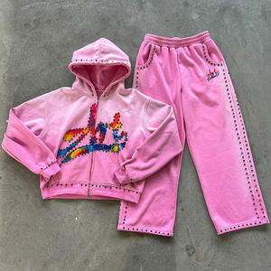 500 GSM Sweat suit made in French Terry Men Distressed and Rhinestones Heavy Weight <b>Thick</b> <b>Fleece</b> Cotton Oversized Tracksuits - Product Image 2