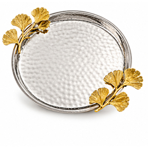 Classic Rectangular Decorative Serving <b>Tray</b> With Gold Floral Handles Hammered Metal <b>Tray</b> Table For Catering And Hotel <b>Buffet</b> - Product Image 2