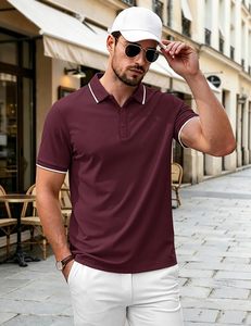 Polo à manches courtes pour homme, couleur bordeaux, tricoté, décontracté, respirant, avec boutons - Product Image 2